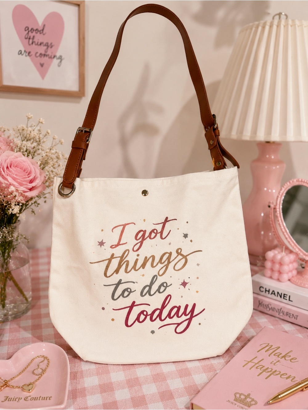 Cream Canvas Tote Bag with Brown Strap — 'I Got Things to Do Today' Graphic